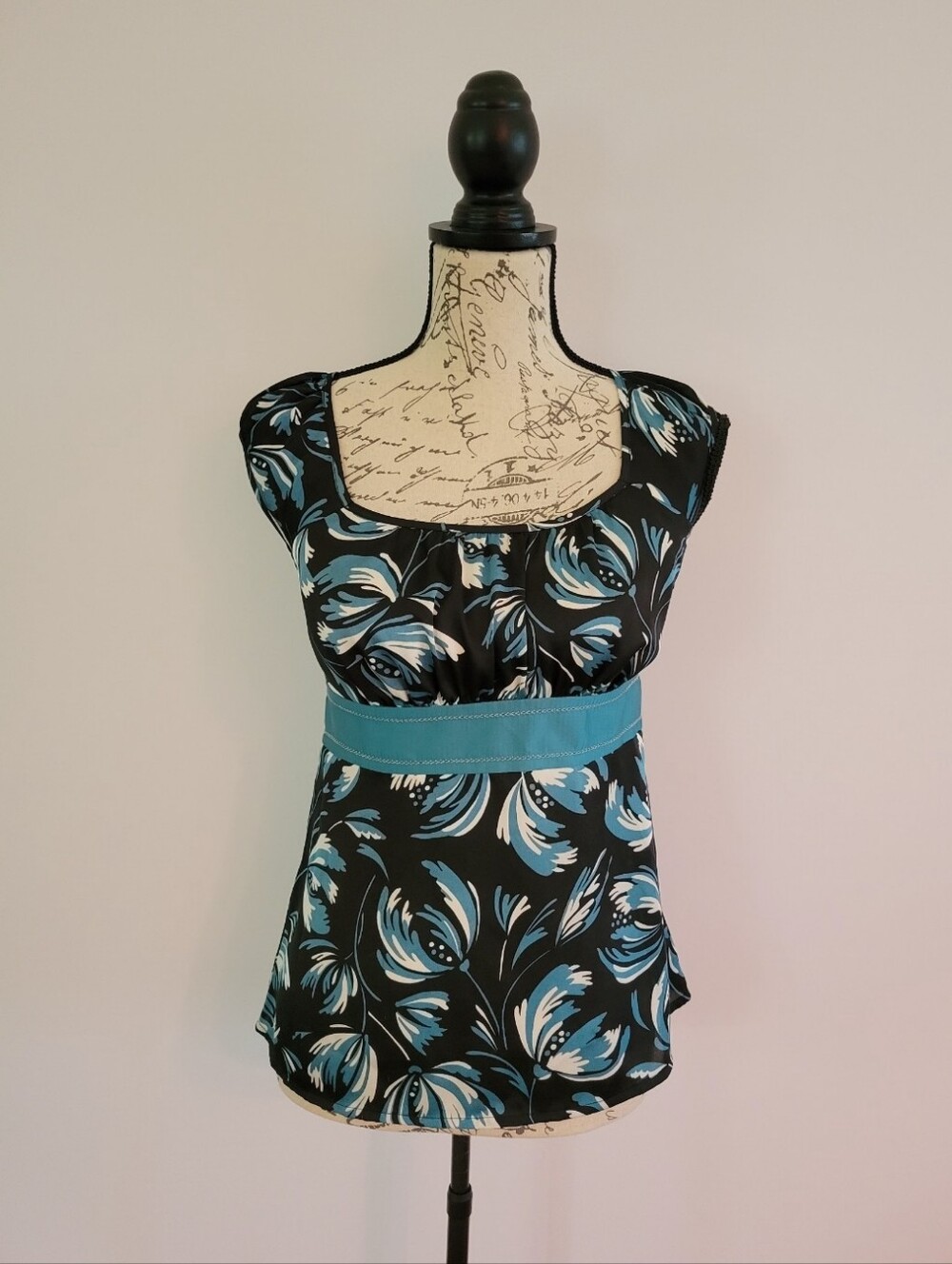 LOFT Vintage Black Floral Square-Neck Babydoll Blouse with Teal Waistband